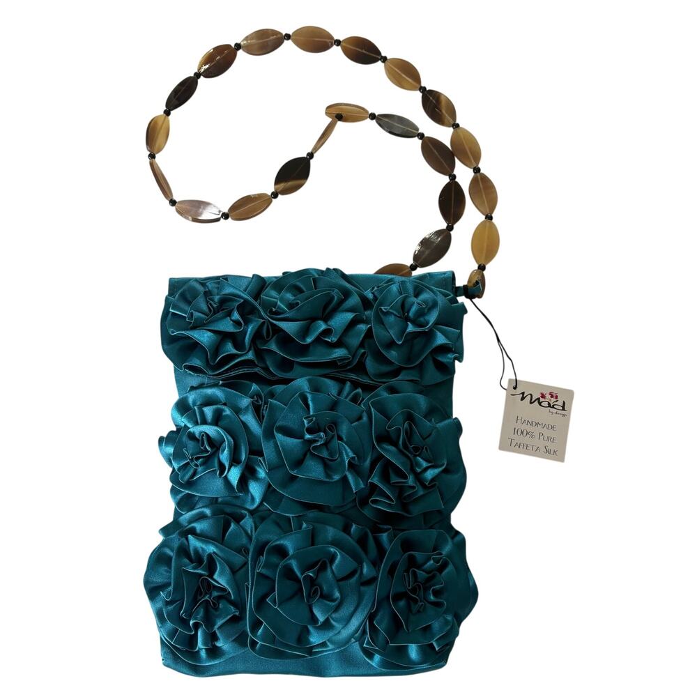 NWT Mad by Design 100% Taffeta Silk Blue Peony Crossbody Purse Bag 10x7" Flowers